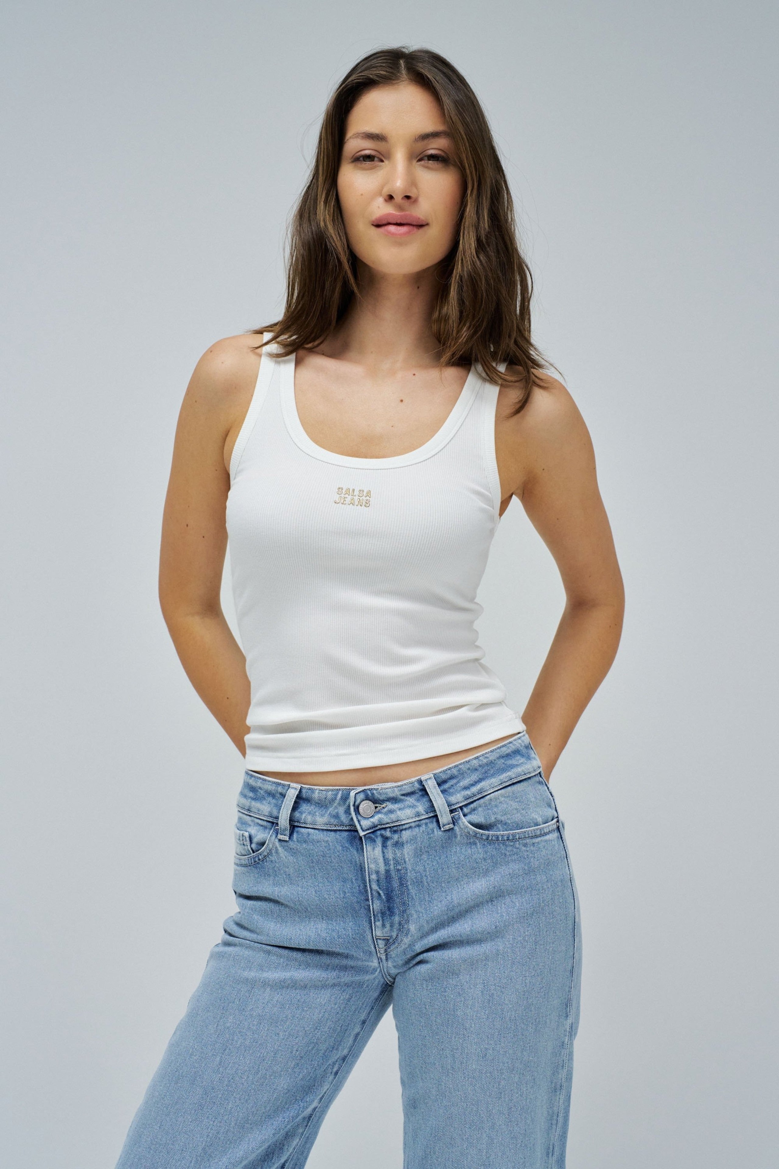 Tank Top With Embroidered Branding in Light Pearl T-Shirts Salsa Jeans
