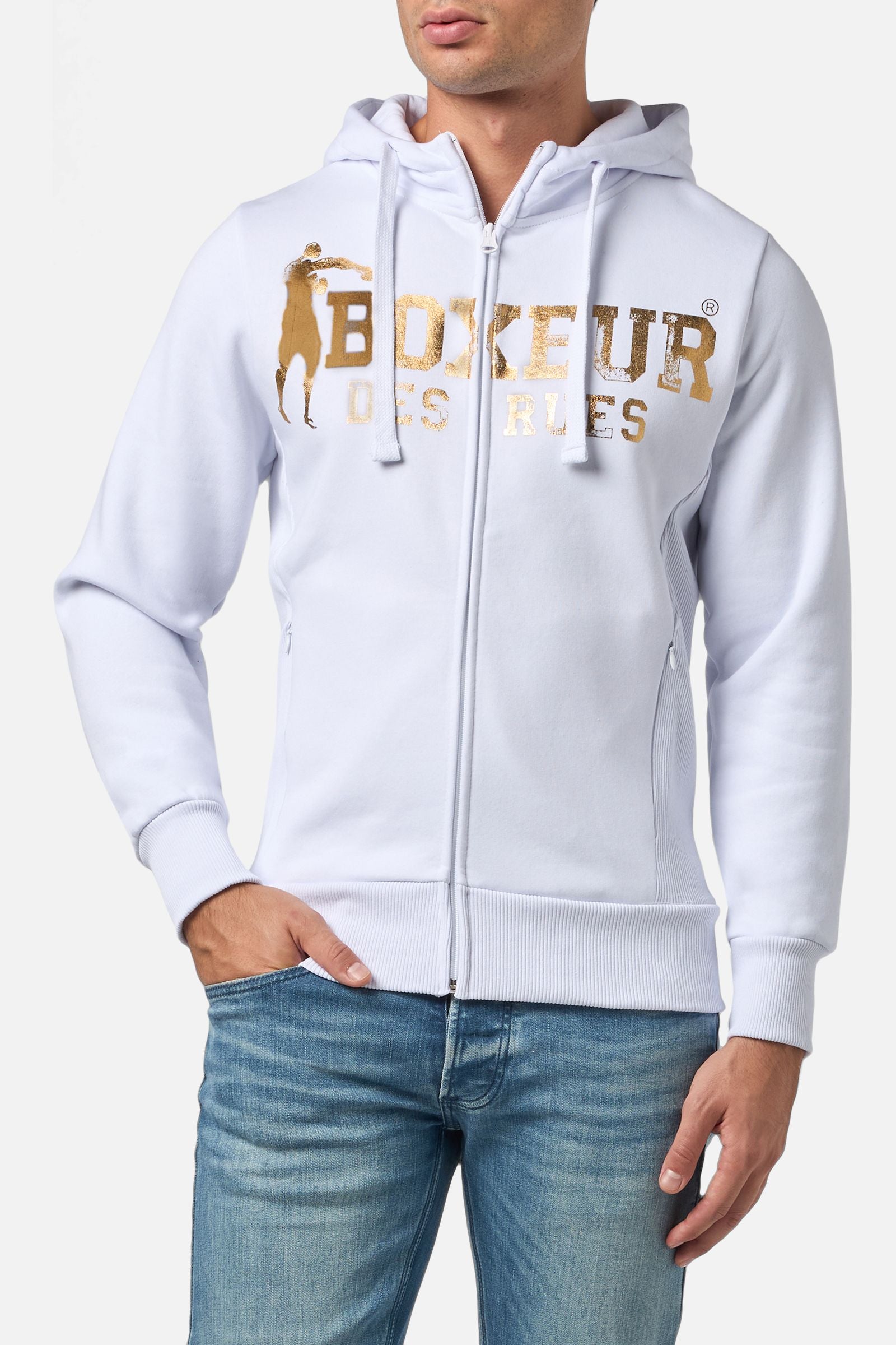 Hooded Full Zip Sweatshirt in White-Gold Sweatjacken Boxeur des Rues